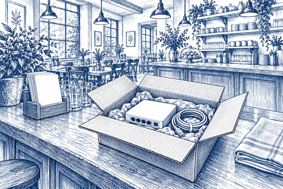 Pen and ink drawing of an open box with a router on a restaurant counter